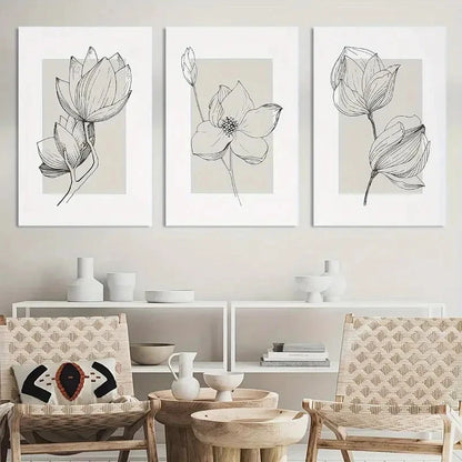 3pcs Beige Simple Floral Painting Wall Art Metal Print Ready to Hang Art