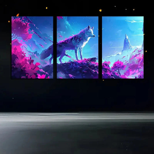 3pcs Vibrant Huskies in The Flowers Metal Print Ready to Hang Art