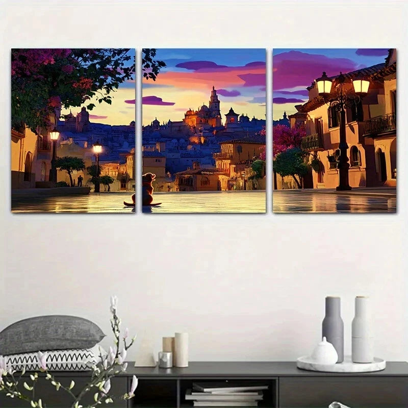 3pcs Murals Dusk Street Buildings Metal Print Ready to Hang Art