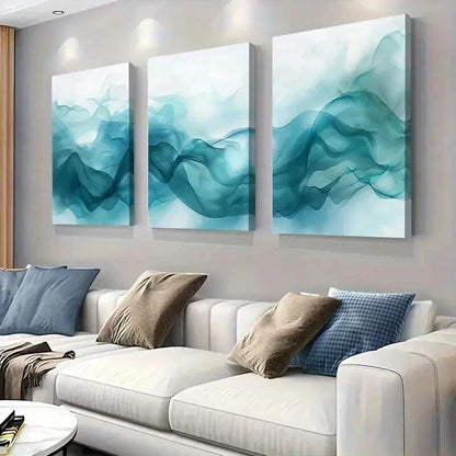 3pcs Minimalist Fluid Teal Wave Design Wall Art Set Canvas Framed 50x70cm - High Quality Print 100% Australian Made Wall Canvas Ready to Hang