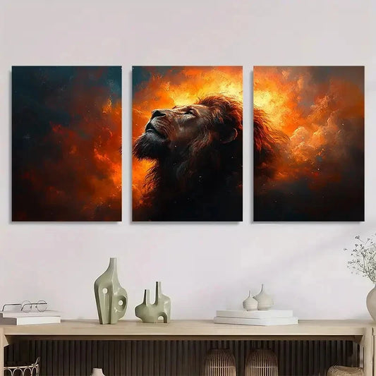 3pcs Majestic Lion with Fiery Orange & Black Metal Print Ready to Hang Art