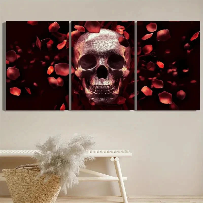 3pcs Rose Petals Skull Gothic Style Scary Bones Metal Print Ready to Hang Art