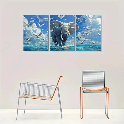 3pcs Ocean Journey Elephant Blue Sky Seagulls Metal Print Ready to Hang Art