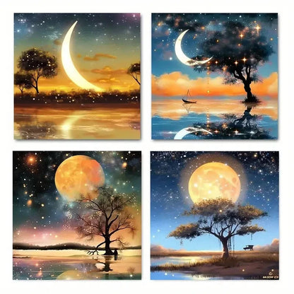 4pcs Night Scene Coastal Wall Art Canvas Framed