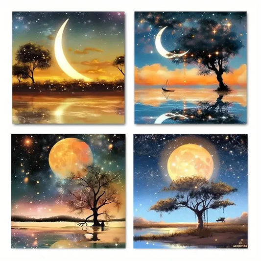 4pcs Night Scene Coastal Wall Art Canvas Framed