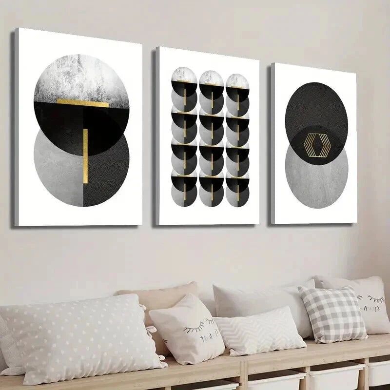 3pcs Black White and Golden Geometric Wall Art Set Canvas Framed 40x60cm - High Quality Print 100% Australian Made Wall Canvas Ready to Hang