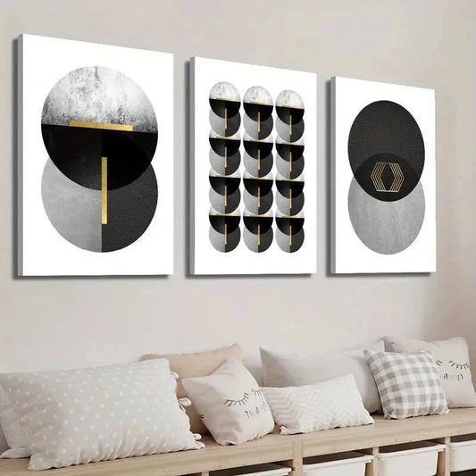 3pcs Black White and Golden Geometric Wall Art Set Canvas Framed 40x60cm - High Quality Print 100% Australian Made Wall Canvas Ready to Hang