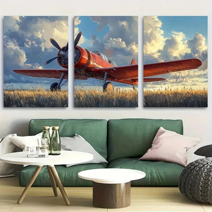 3pcs Classic Red Biplane Flying Metal Print Ready to Hang Art