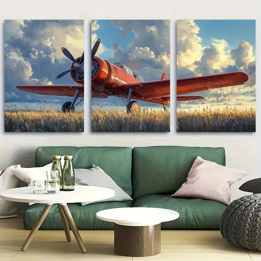 3pcs Classic Red Biplane Flying Metal Print Ready to Hang Art