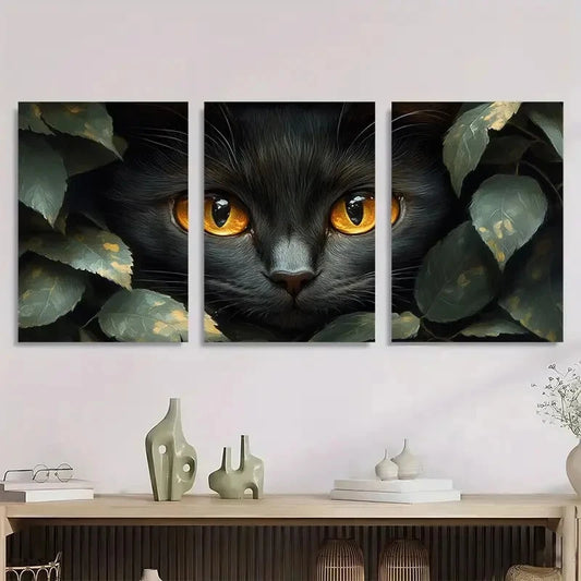 3pcs Black Cat with Green Leaves Metal Print Ready to Hang Art