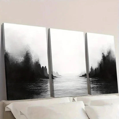 3pcs Black Ink Wash Minimalist Art DF Wall Art Set Canvas Framed 40x60cm - High Quality Print 100% Australian Made Wall Canvas Ready to Hang