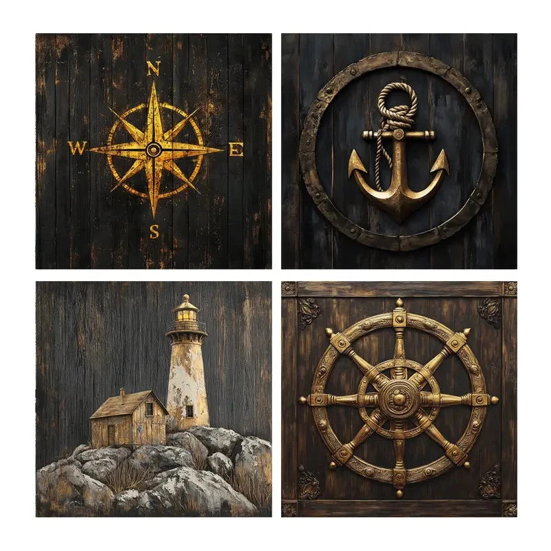 4pcs Nautical Compass & Lighthouse Wall Art Canvas Framed