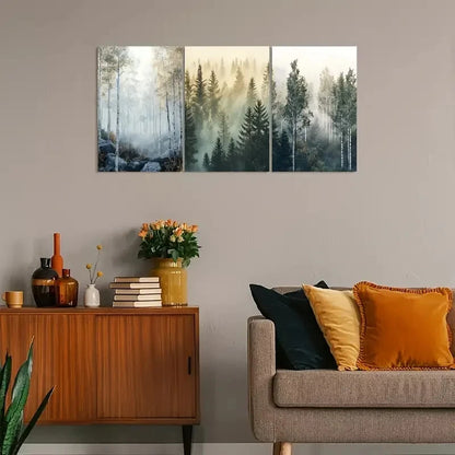 3pcs Vintage Nordic Forest with Misty Sunlit Scene Metal Print Ready to Hang Art