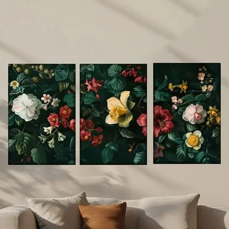 3pcs Flowers on a Black Background Wall Art Set Canvas Framed 40x60cm - High Quality Print 100% Australian Made Wall Canvas Ready to Hang