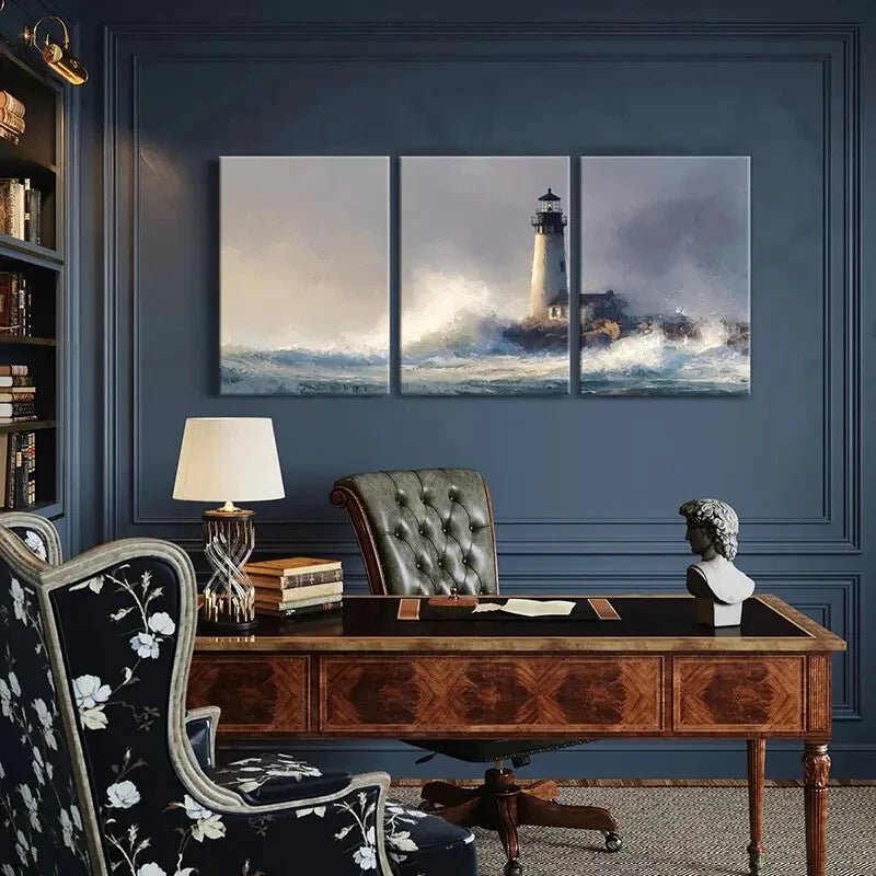 3pcs Lighthouse Coastal Scene Ocean Waves Metal Print Ready to Hang Art