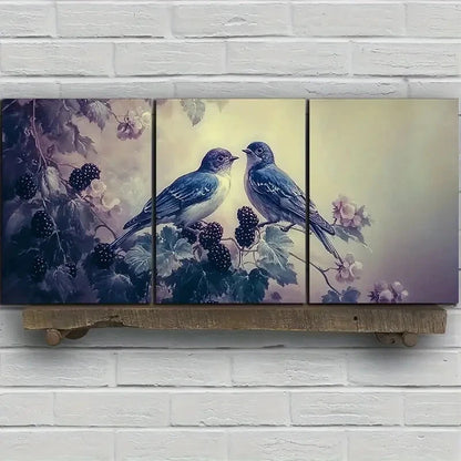 3pcs Birds on Blackberry Flowers Purple Metal Print Ready to Hang Art