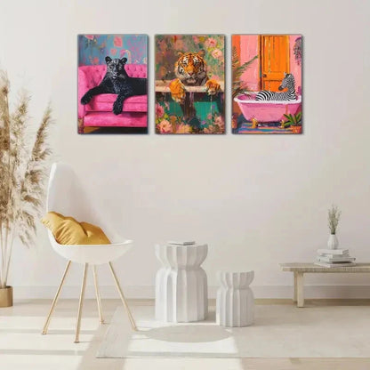 3pcs Black Panther on Pink Sofa Bright Color Metal Print Ready to Hang Art