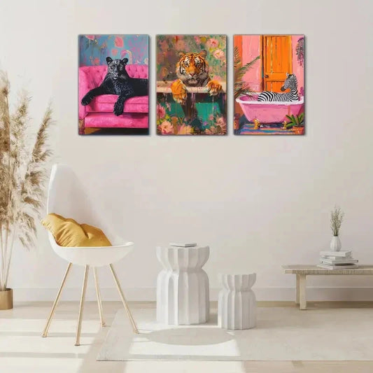 3pcs Black Panther on Pink Sofa Bright Color Metal Print Ready to Hang Art