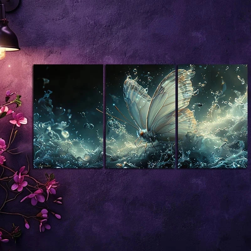 3pcs Crystal Butterfly with water Splashes Metal Print Ready to Hang Art