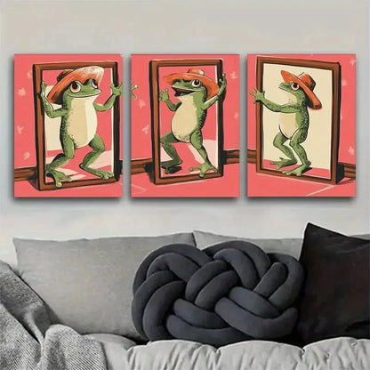 3pcs Vibrant Whimsical Cartoon Frog with Hat Metal Print Ready to Hang Art