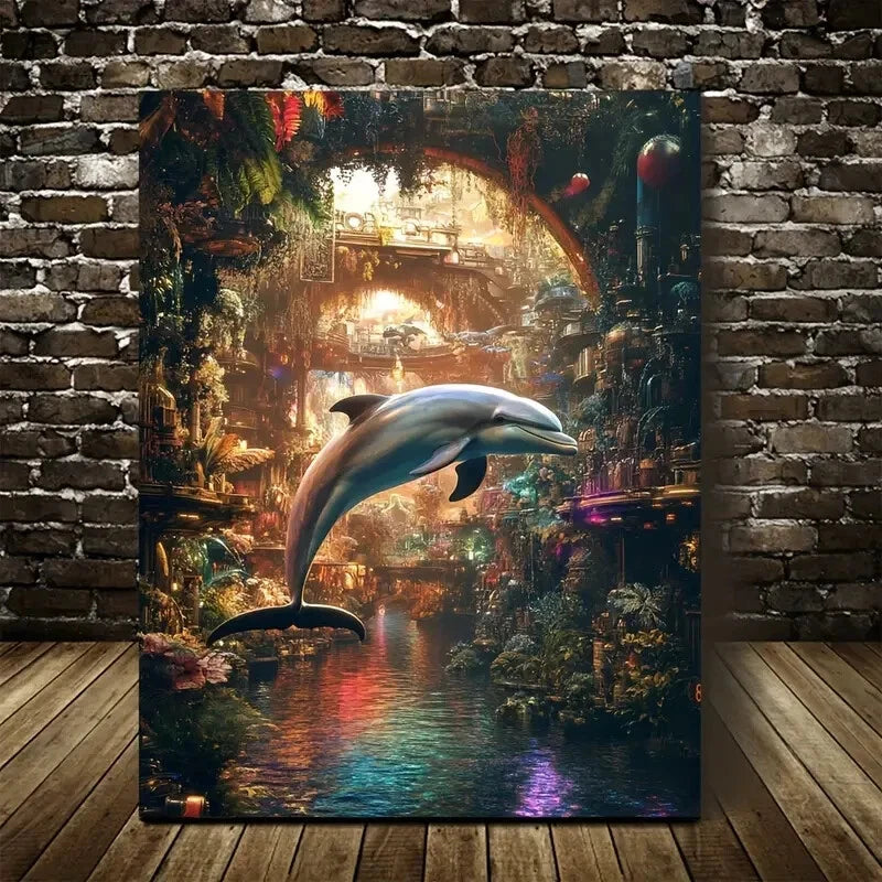 Steampunk Dolphin Jungle Scene with Rainbow Painting 40x60cm Metal Print Ready to Hang