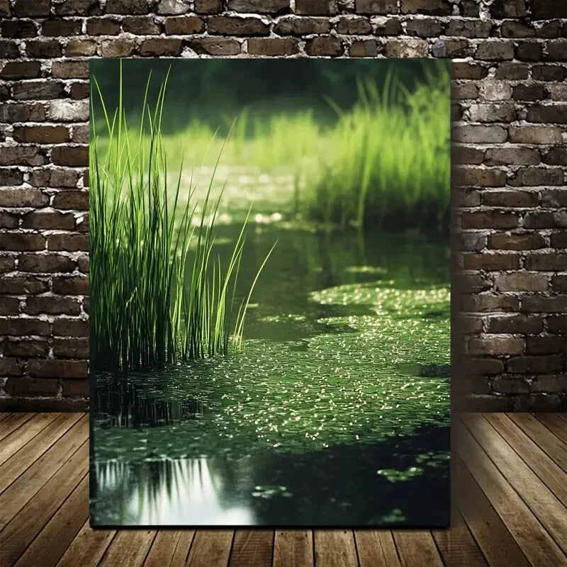 Green Aquatic Grassland Water Lily Painting 40x60cm Metal Print Ready to Hang