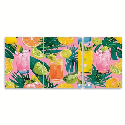 3pcs Summer Bar Cart Art Print, Pink Coconut Wall Art Set Canvas Framed 60x90cm - High Quality Print 100% Australian Made Wall Canvas Ready to Hang