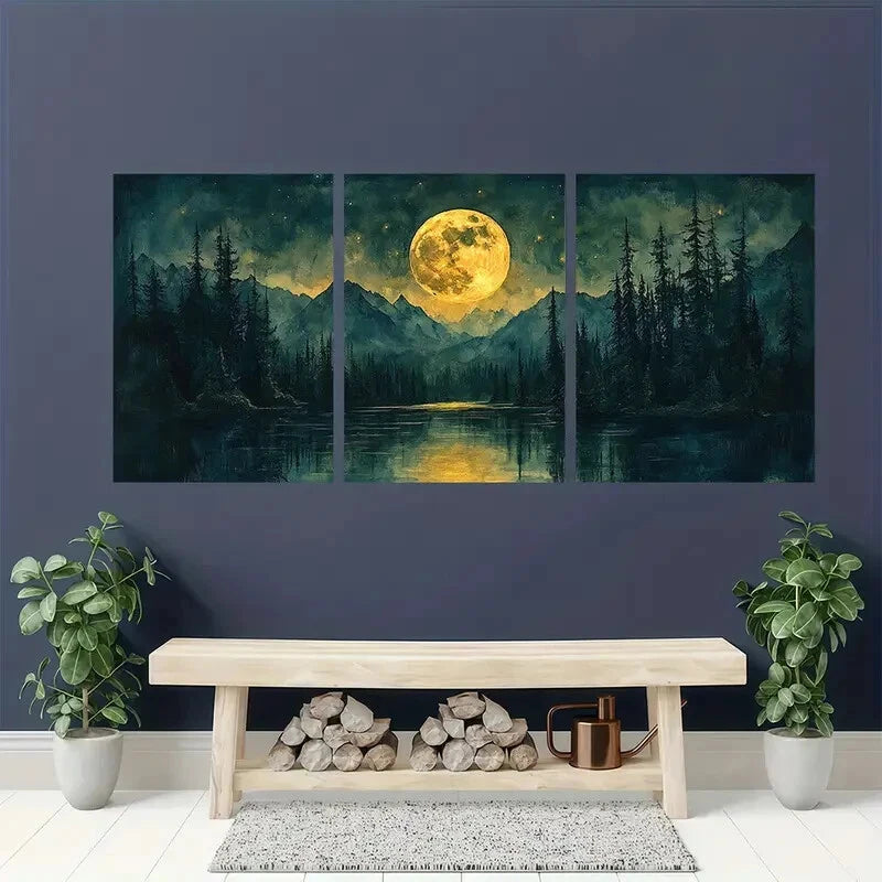 3pcs Watercolor Night Sky Forest & Lake Landscape Metal Print Ready to Hang Art