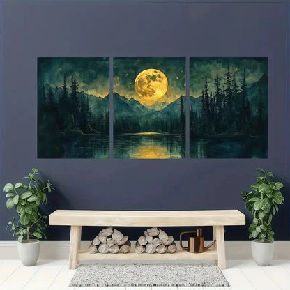 3pcs Watercolor Night Sky Forest & Lake Landscape Metal Print Ready to Hang Art