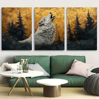 3pcs Silvery Wolf Howling Surreal Magic Metal Print Ready to Hang Art