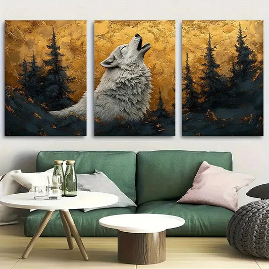 3pcs Silvery Wolf Howling Surreal Magic Metal Print Ready to Hang Art
