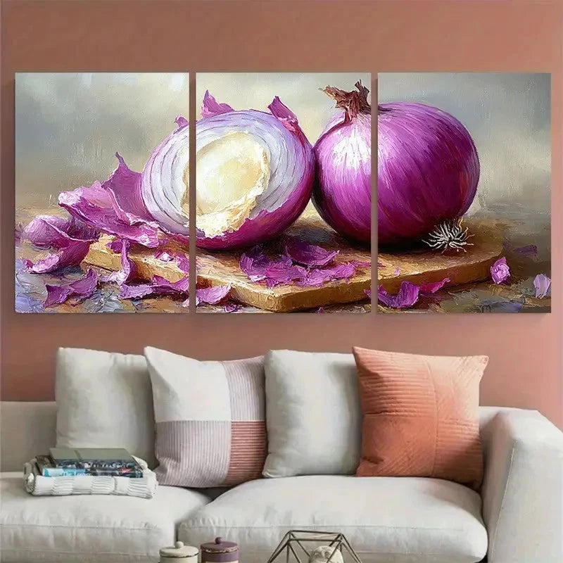 3pcs an Onion with Its Light Beige Half Peeled Metal Print Ready to Hang Art