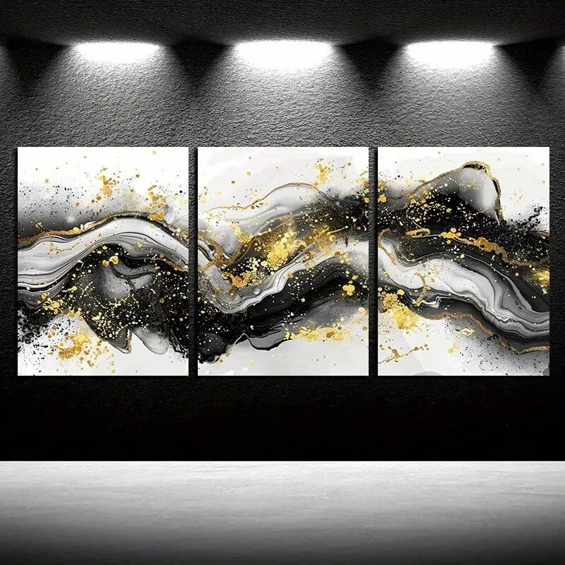 3pcs Vibrant Wave Abstract with Gold Accent Design Metal Print Ready to Hang Art