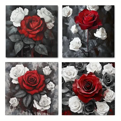 4pcsWhite And Black Red Rose Wall Art Canvas Framed