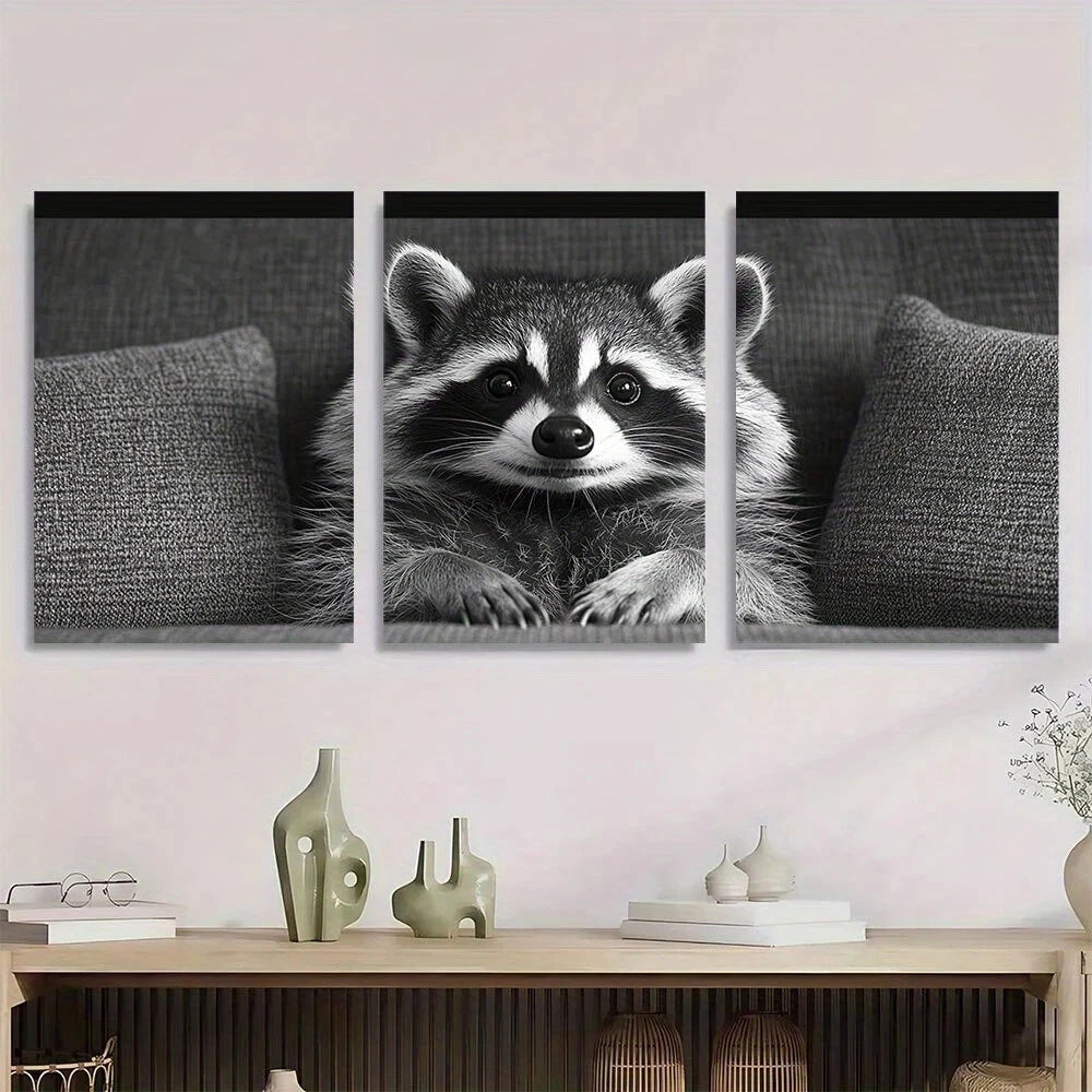 3pcs Modern Black and White Raccoon Metal Print Ready to Hang Art
