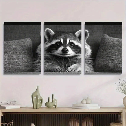 3pcs Modern Black and White Raccoon Metal Print Ready to Hang Art