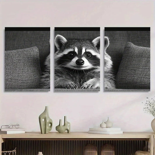 3pcs Modern Black and White Raccoon Metal Print Ready to Hang Art