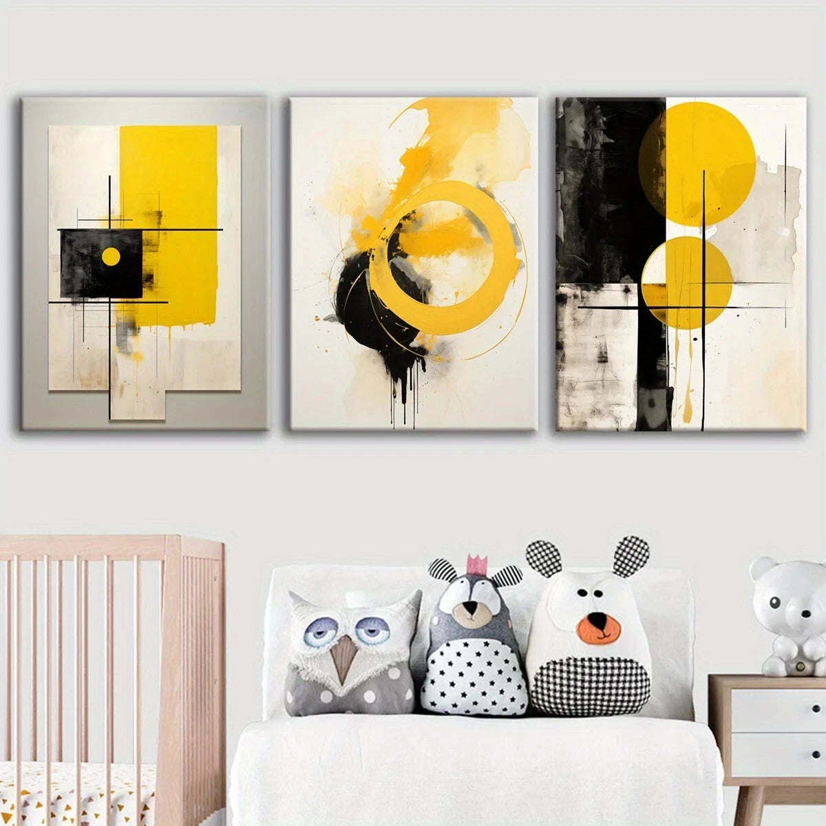 3pcs Abstract Yellow and Black Lines Metal Print Ready to Hang Art