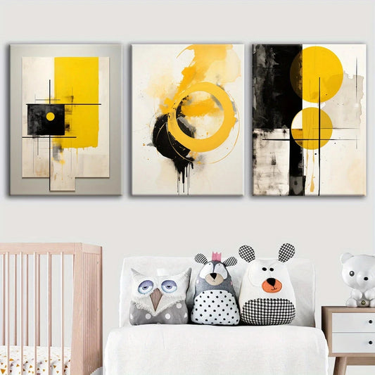 3pcs Abstract Yellow and Black Lines Metal Print Ready to Hang Art
