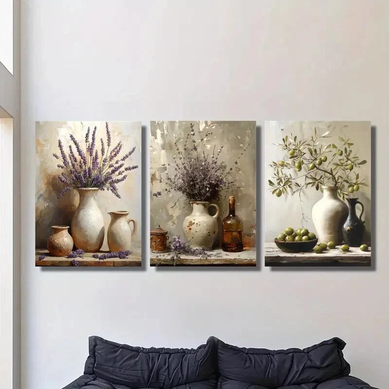 3pcs Rustic Lavender Pottery Jar Wall Art Set Canvas Framed 40x60cm - High Quality Print 100% Australian Made Wall Canvas Ready to Hang