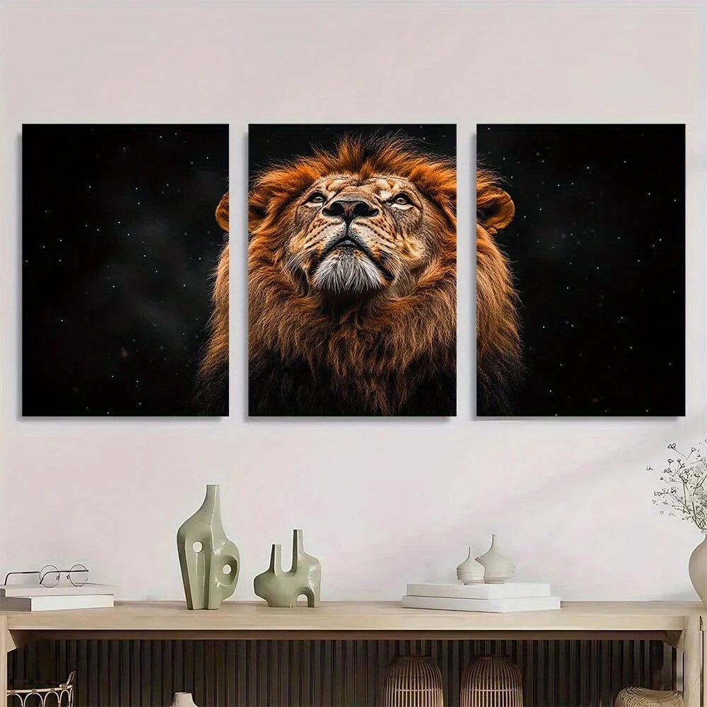 3pcs African Lion Starry Night Sky Black & White Metal Print Ready to Hang Art