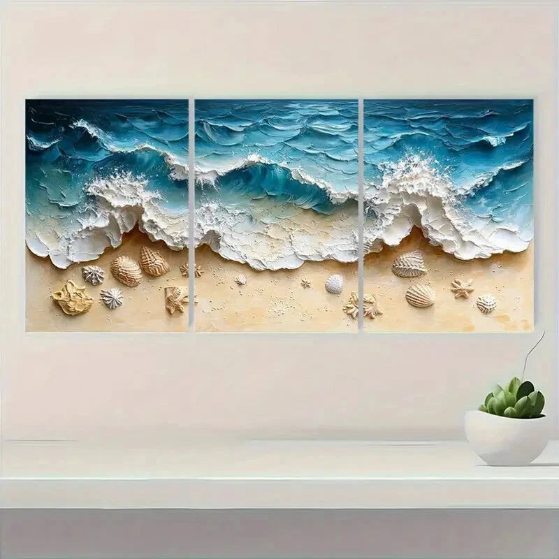 3pcs Textured Blue Wave & Sandy Shore Scene Metal Print Ready to Hang Art