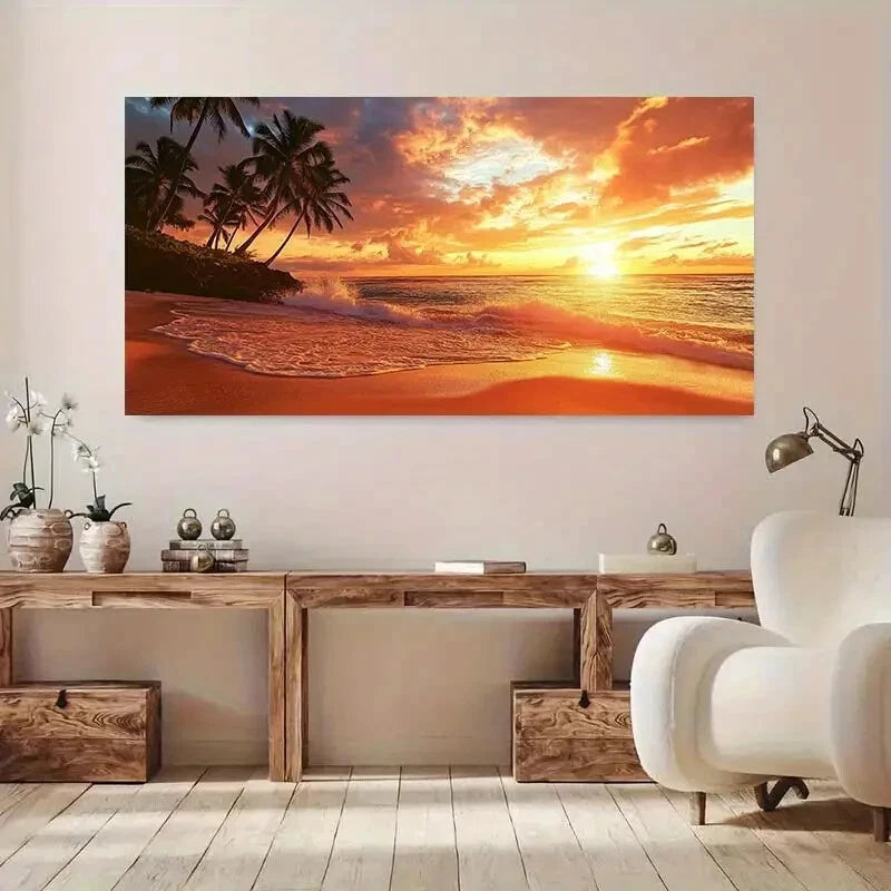 Sunset Coast Vibrant Beach wall canvas office home room framed 120x60cm