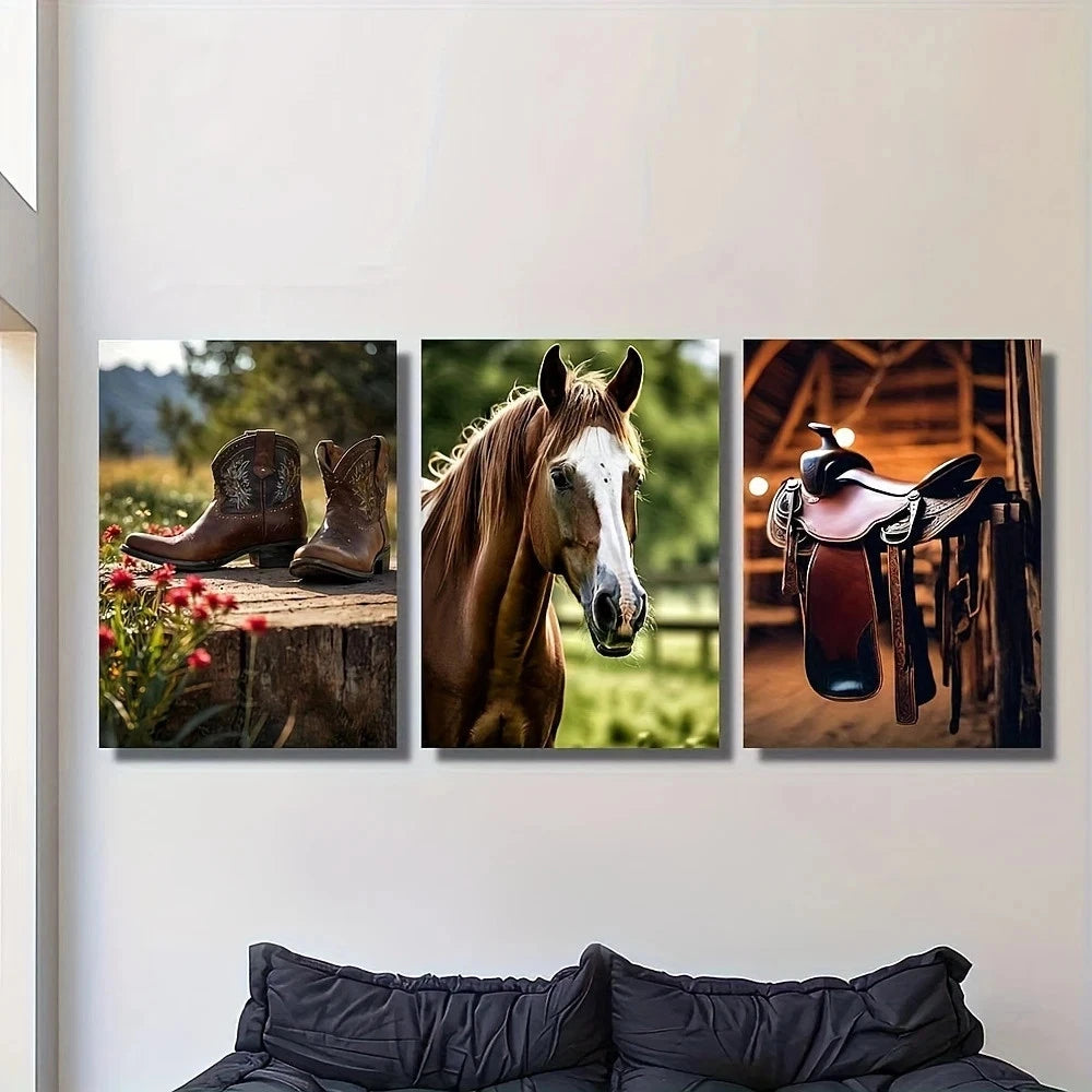 3pcs Western Cowboy Boots Horses & Saddle Designs Metal Print Ready to Hang Art
