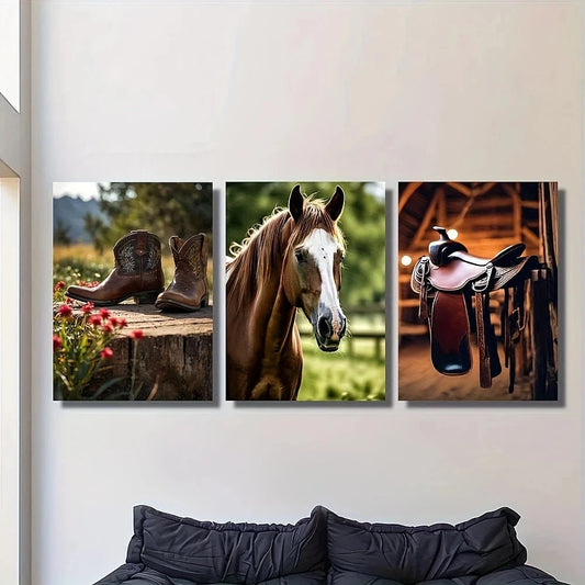 3pcs Western Cowboy Boots Horses & Saddle Designs Metal Print Ready to Hang Art