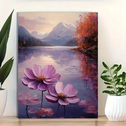 Purple Flower Lake Reflection Painting 60x90cm Metal Print Ready to Hang