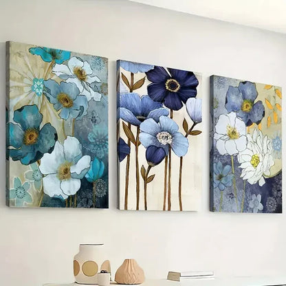 3pcs Abstract floral blue for Lotus Flowers Wall Art Canvas Unframed - High Quality Print 100% Australian Made Wall Canvas