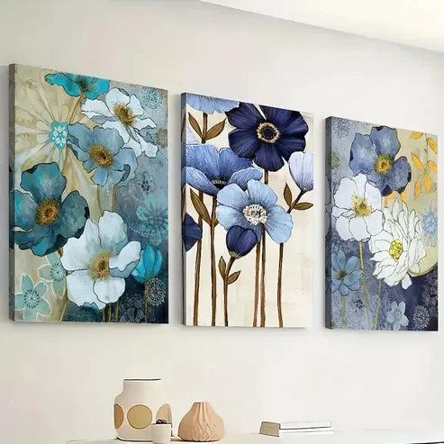 3pcs Abstract floral blue for Lotus Flowers Wall Art Canvas Unframed - High Quality Print 100% Australian Made Wall Canvas