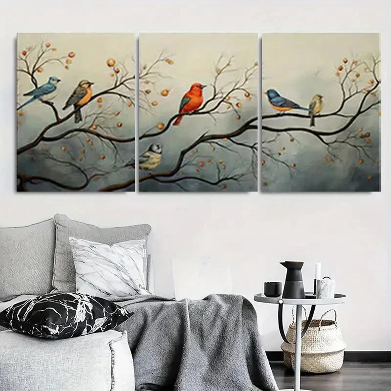3pcs Softly Colored Spring Birds Wall Art Set Canvas Framed 40x60cm - High Quality Print 100% Australian Made Wall Canvas Ready to Hang