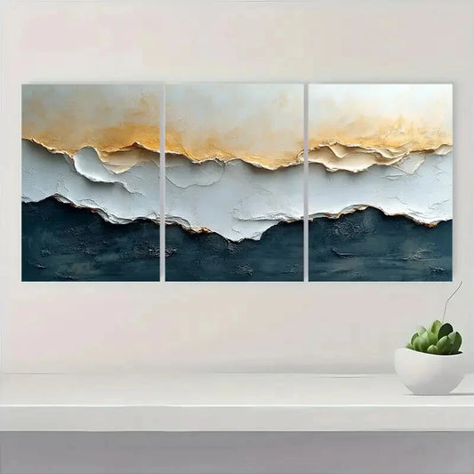 3pcs Minimalist Abstract Beige & Cream Textured Metal Print Ready to Hang Art
